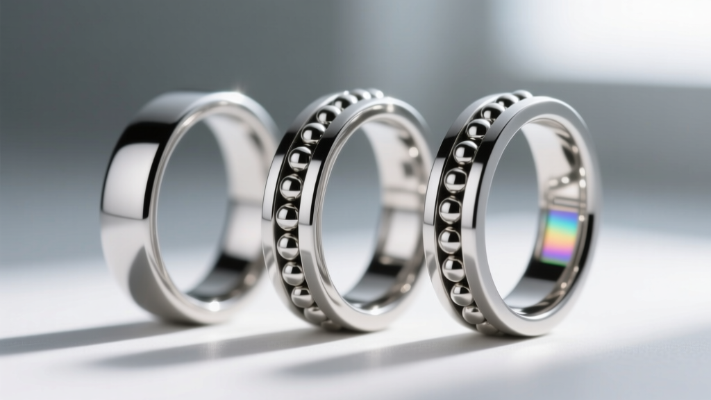 Macro shot of three titanium captive bead rings aligned in a Jacob's ladder piercing setup under soft, clinical studio lighting