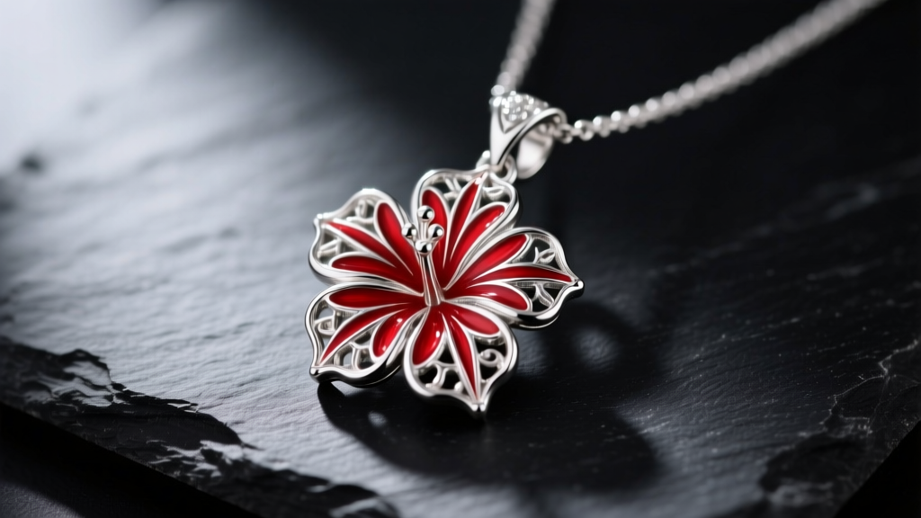 Macro shot of a sterling silver hibiscus necklace pendant with vibrant red enamel detailing, displayed on a dark slate background.