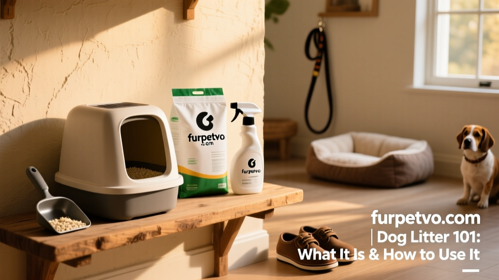 A neatly organized corner featuring a FurPetVo litter box, spare litter bag, scooper, and cleaning spray—all branded with the furpetvo.com logo