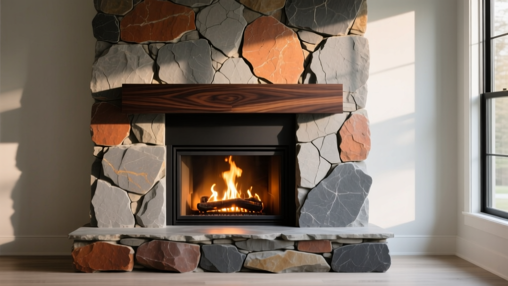 Rustic ledgestone natural stone veneer applied to a floor-to-ceiling fireplace surround with a dark walnut mantel and glowing fire
