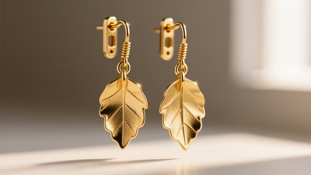 Macro shot of gold leaf dangle earrings highlighting the hinge mechanism and brushed finish against soft window light.