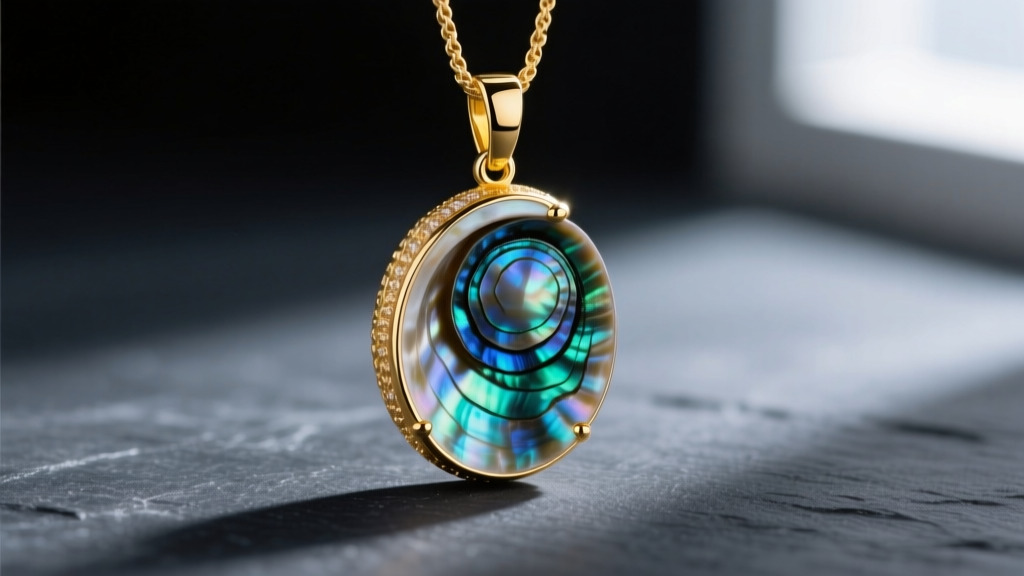 Macro shot of an abalone shell pendant showing iridescent blue and green hues, set in a 14k yellow gold bezel against dark slate