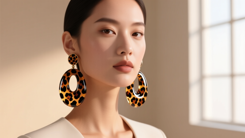 Woman wearing oversized acrylic cheetah print drop earrings showcasing tortoiseshell and black spots against a warm studio backdrop