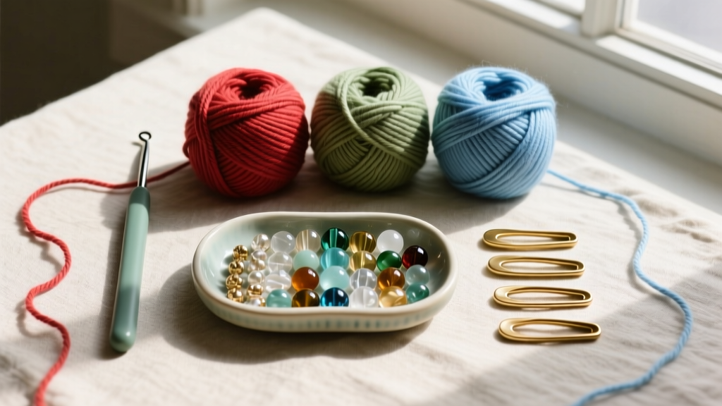 Flat lay of a crochet kit with a 0.75mm hook, cotton thread, ceramic bead tray, and brass clasps arranged neatly on natural linen