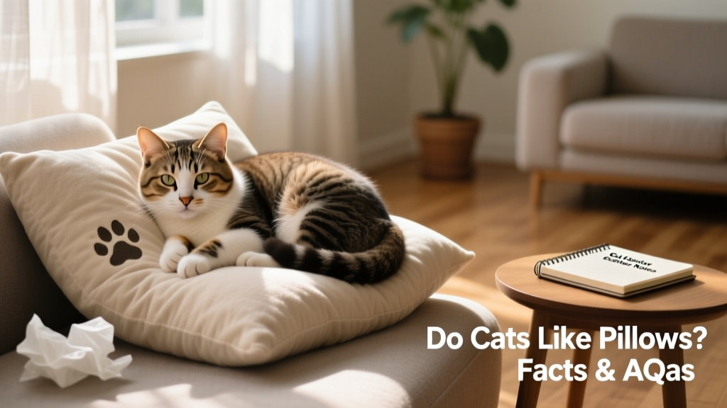 A relaxed cat curled up on a soft, plush pillow