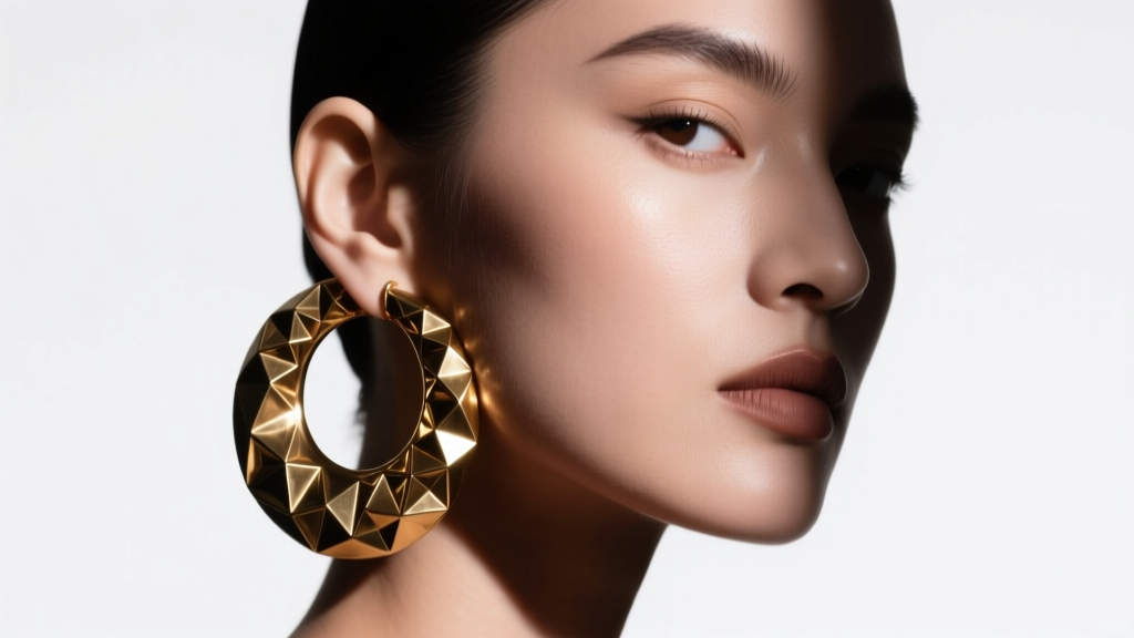 Model wearing a single heavy textured brass statement hoop earring on the left ear, dramatic studio lighting, high fashion