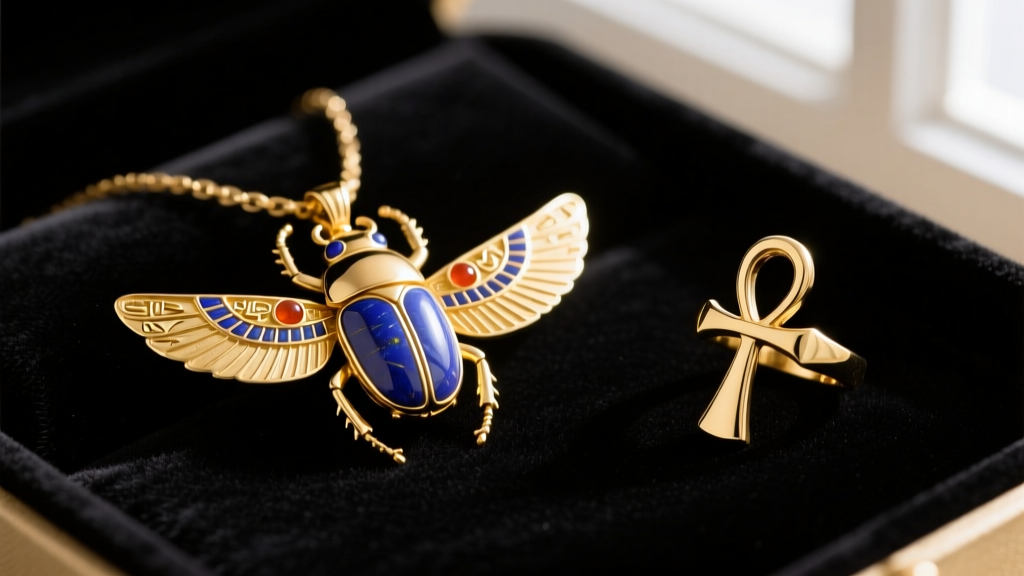 A flat lay of ornate 21-karat gold Egyptian jewelry featuring a detailed scarab beetle pendant and an ankh ring on dark velvet