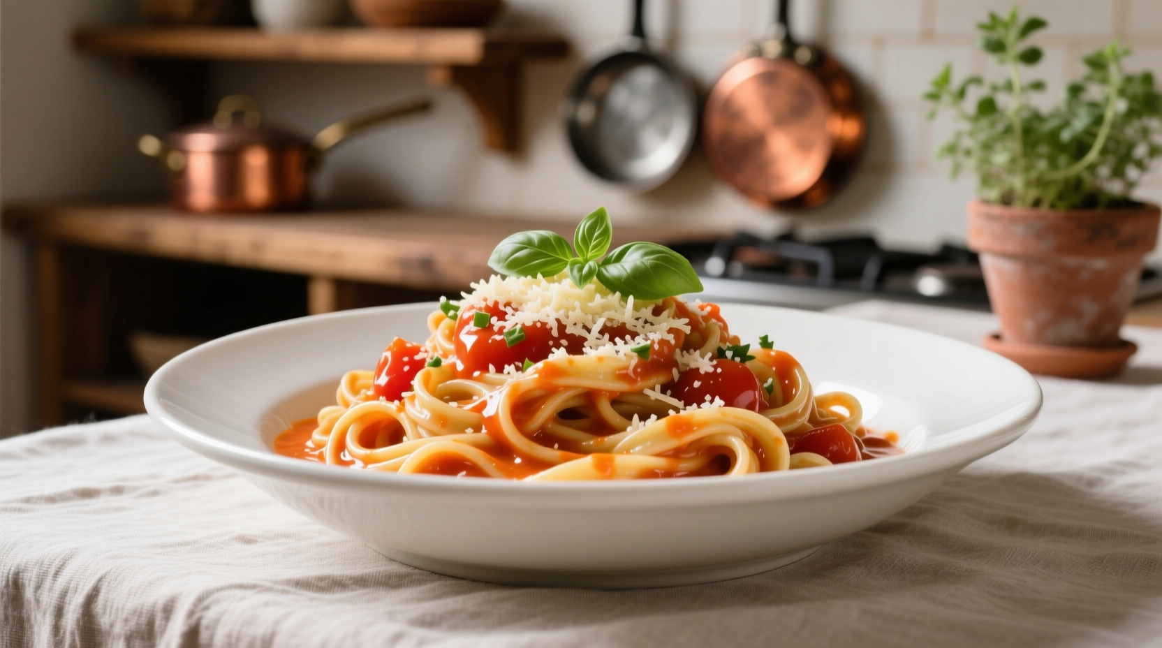 Creamy tomato alfredo pasta in white bowl
