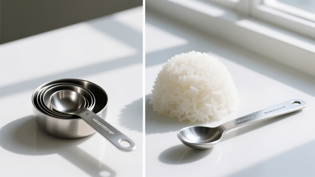 Side-by-side comparison of a standard nested metal measuring spoon set versus a single sliding adjustable measuring spoon resting next to a portioned mound of white rice