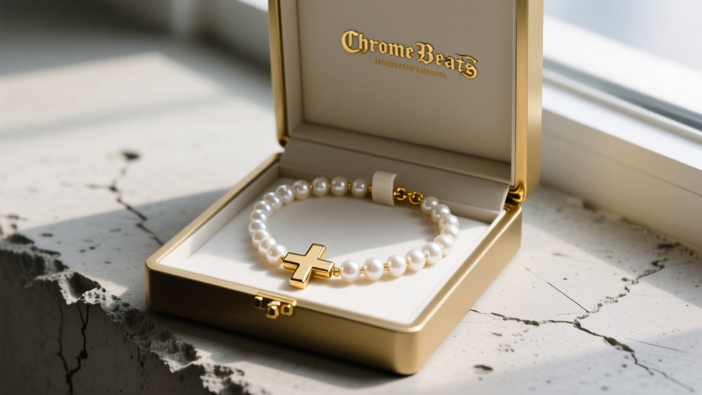 Open jewelry box revealing a Chrome Hearts plus motif pearl necklace with gold hardware, resting on a modern raw concrete surface