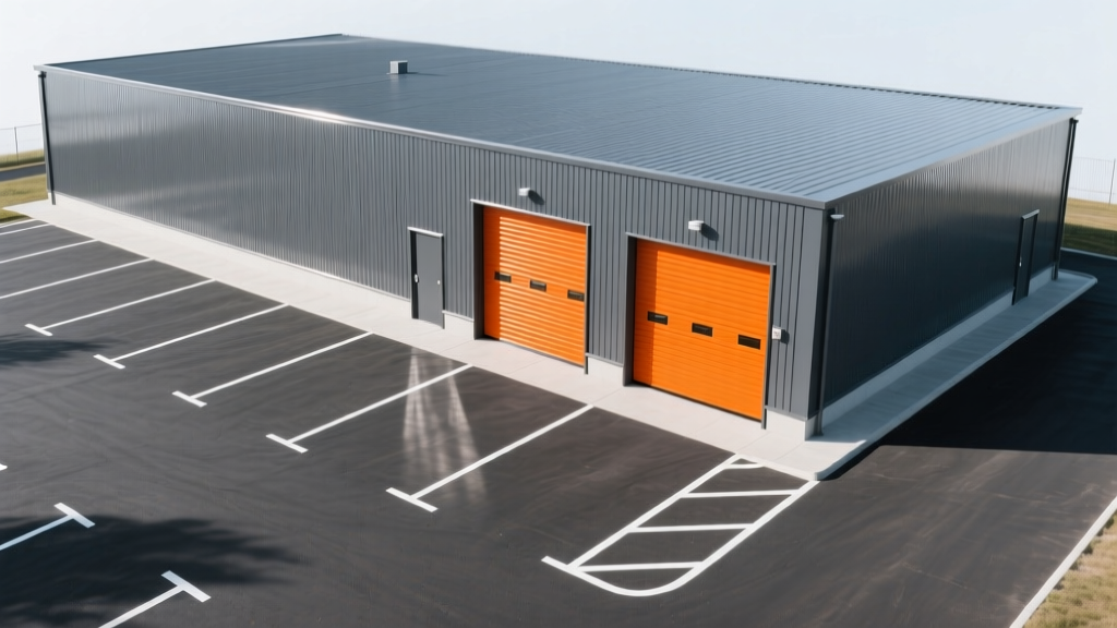 Aerial view of a new single-story self-storage facility with charcoal metal siding, bright orange roll-up doors, and fresh asphalt paving.