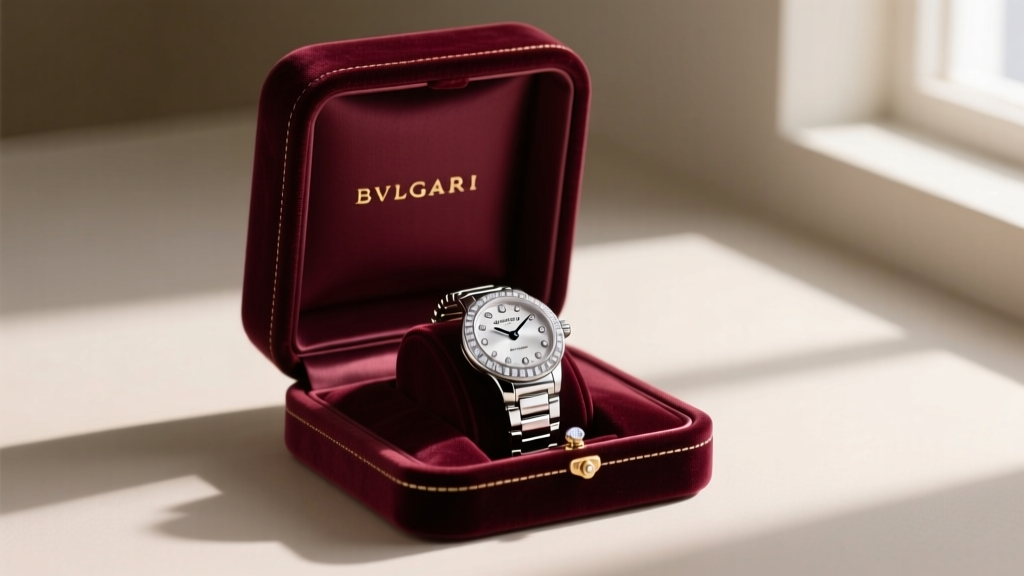 Open velvet Bvlgari box holding a Divas' Dream mother-of-pearl necklace, stored safely in a dark drawer away from harsh sunlight.