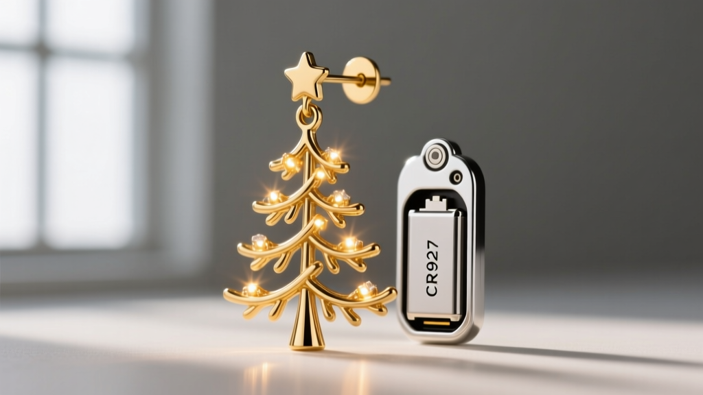 Macro shot of a gold vermeil Christmas tree earring with embedded micro-LEDs and a visible CR927 battery housing on the back