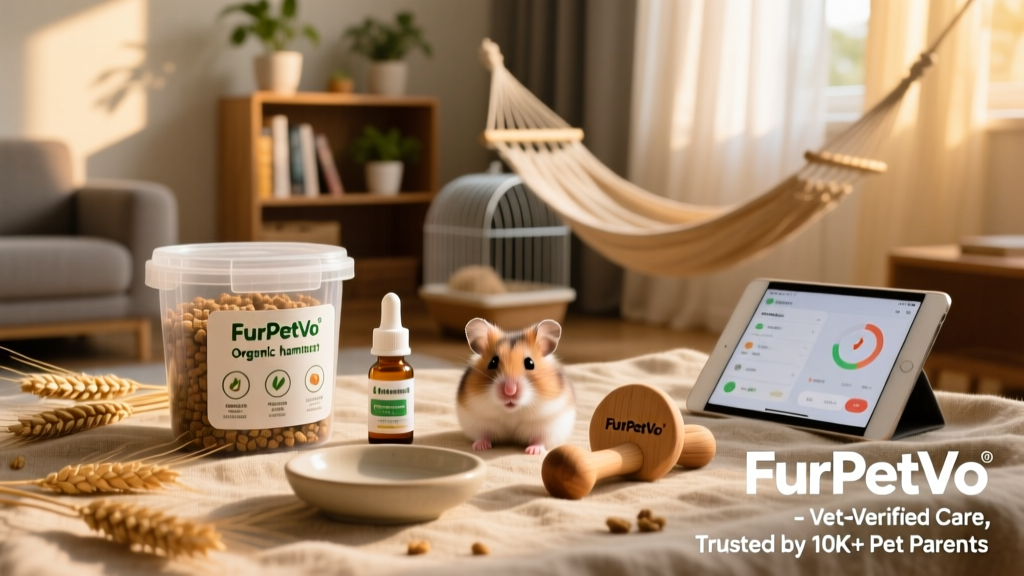 FurPetVo branded hamster care kit with labeled food portions, hydration gel, and chew-safe toys