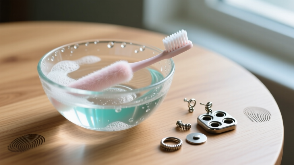 Glass bowl of soapy water and a soft toothbrush next to disassembled 16-gauge titanium fidget clicker earrings on a wooden table.