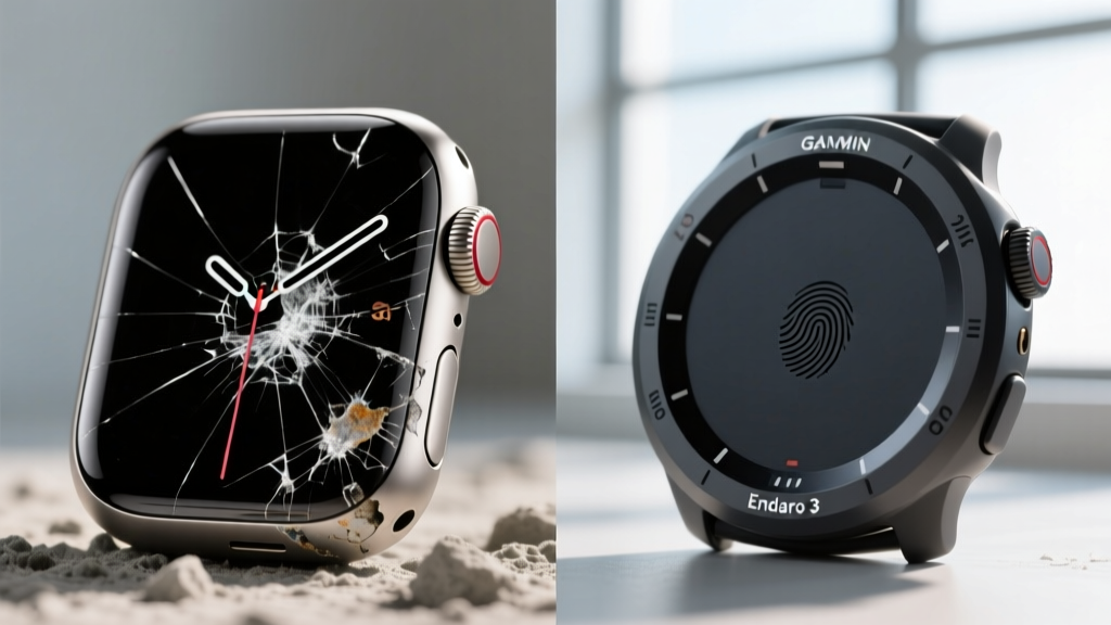Side-by-side macro photography of scratched Apple Watch Ultra 3 titanium bezel and pristine Garmin Enduro 3 polymer bezel after concrete drop tests