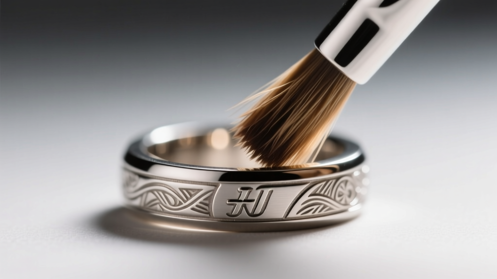 Macro shot of a soft brush cleaning the crevices of a polished stainless steel signet ring under warm, focused studio lighting