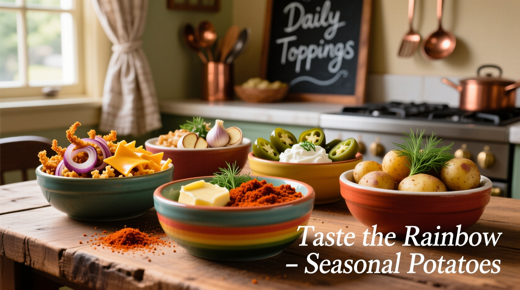 Assorted potato toppings in colorful bowls