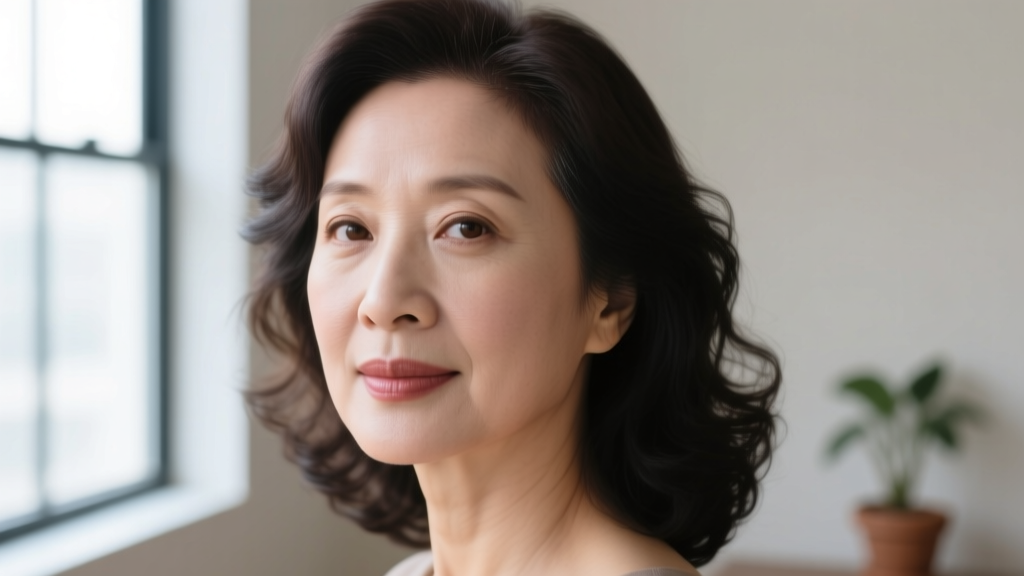 Close-up of a woman's ear wearing an oversized sculptural 14k gold hoop earring, softly lit against a neutral beige background.