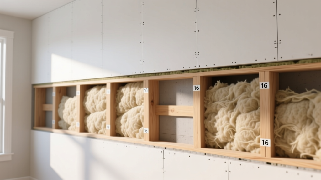 Cross-section cutaway of an interior wall showing fiberglass insulation between wood studs capped with 1/2-inch gypsum board