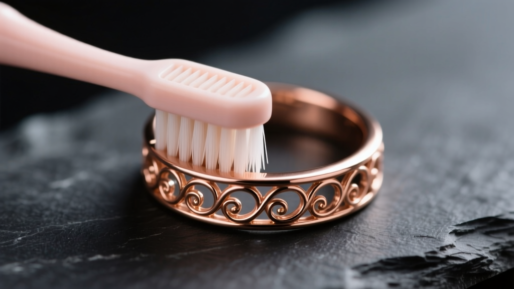 Macro shot of a soft baby toothbrush scrubbing filigree details of an 18k rose gold vintage ring on a dark slate surface.