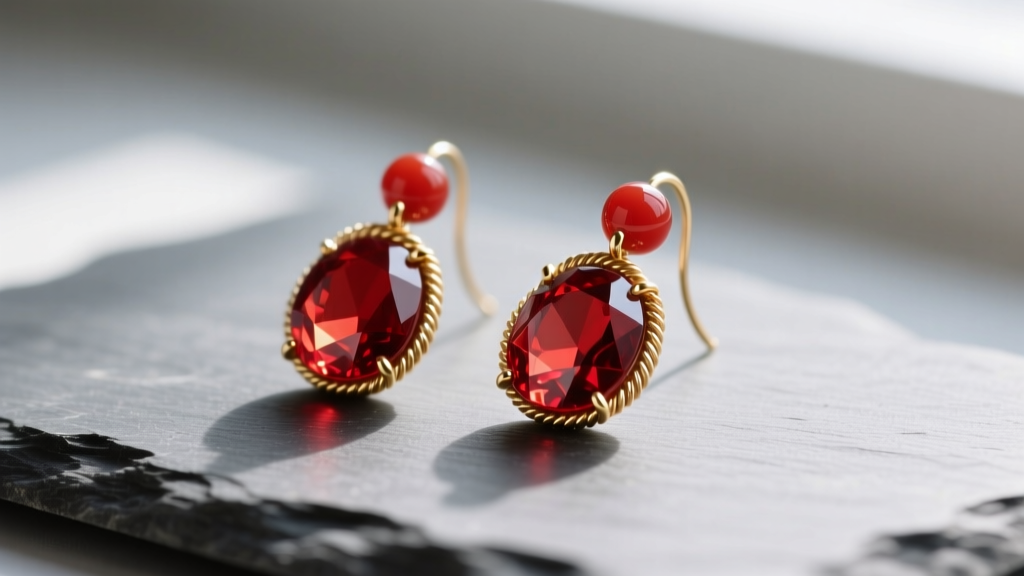 Macro shot of red carnelian beaded drop earrings on slate, showing translucent facets and 20-gauge gold wire wrapping