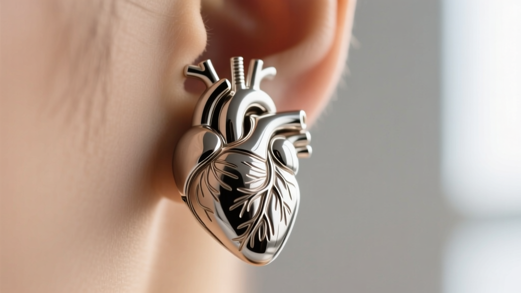 Macro shot of a titanium anatomical heart ear cuff highlighting intricate ventricle textures and a bright mirror-polished finish.