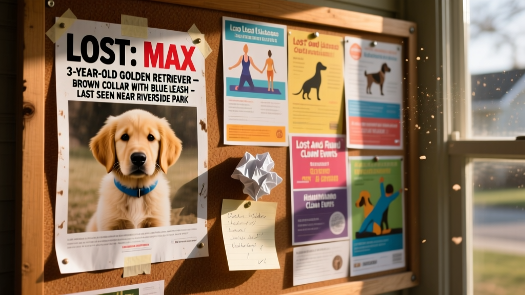 A laminated missing pet poster taped to a community bulletin board, surrounded by flyers for local events and services