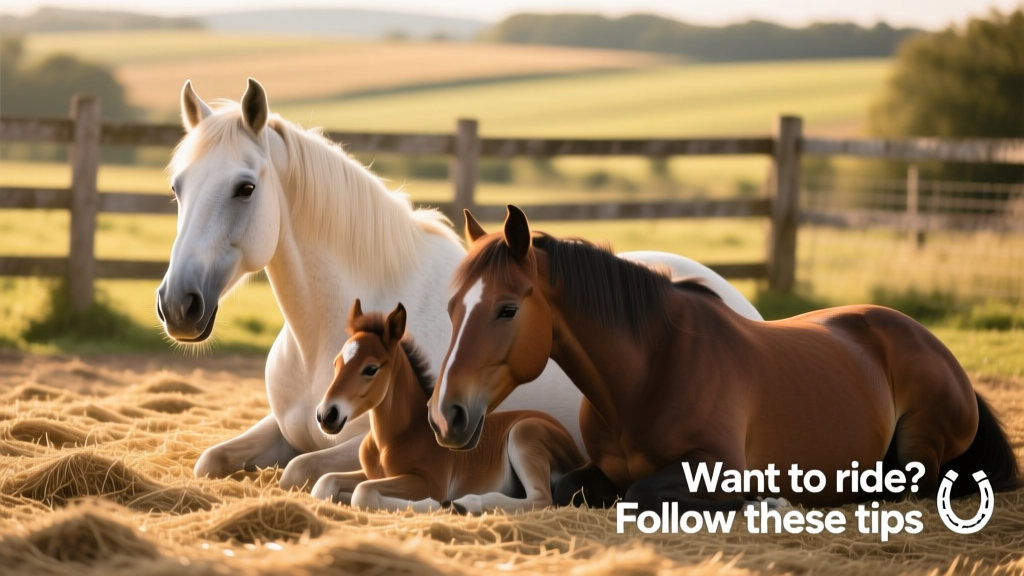 Three calm horses—a gentle mare, a relaxed gelding, and a quiet foal—in a sunlit paddock with clean bedding