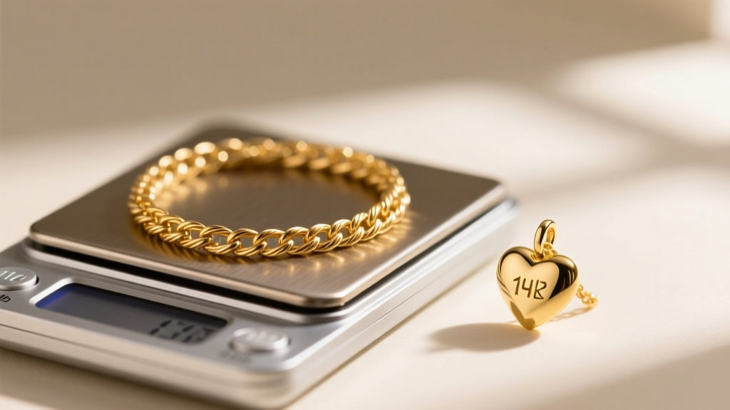 Close-up of a digital jewelry scale weighing a delicate 1.2mm 14k solid gold cable chain next to a small gold-filled heart charm