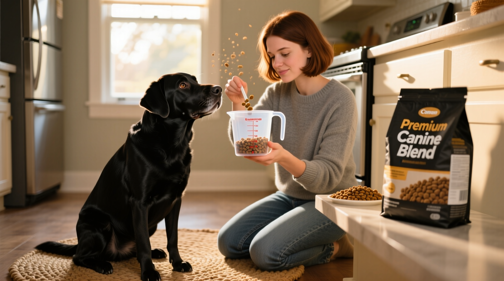 Dog owner measuring proper food portions with measuring cup
