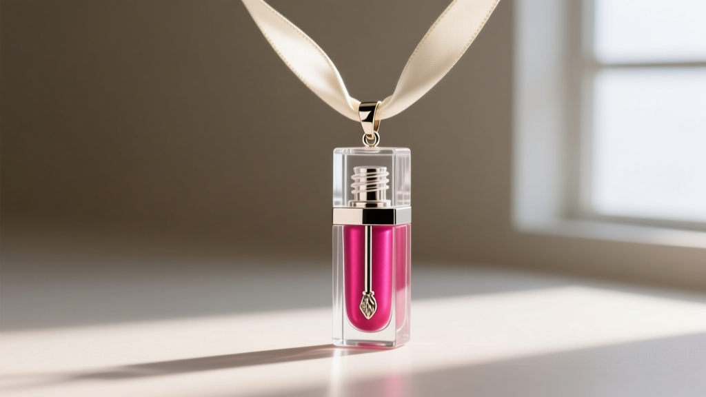 Clear glass lip gloss necklace pendant on silk, showing the internal metal dip wand and vibrant pink gloss inside