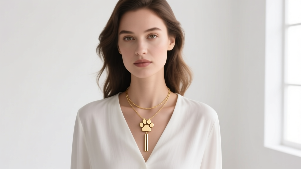Woman wearing a subtle gold Bluey paw print necklace layered with a minimalist bar pendant against a crisp white linen blouse.