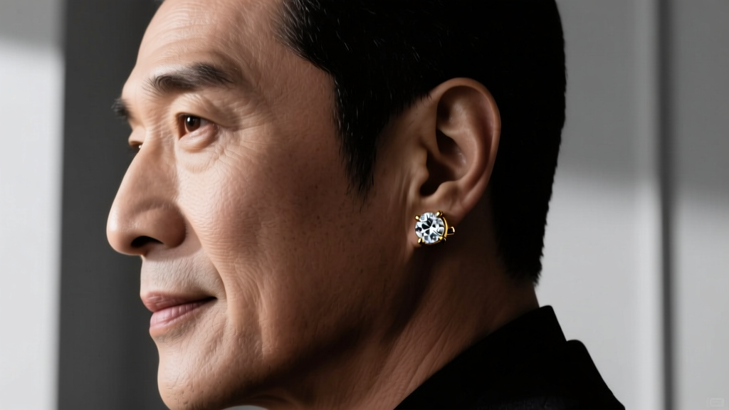 Side profile of a man wearing a black rhodium-plated gold diamond ear stud, cinematic lighting highlighting the dark metal finish.