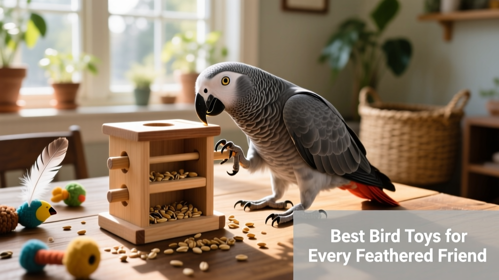 A curious African grey parrot manipulating a multi-compartment foraging puzzle with its beak and feet