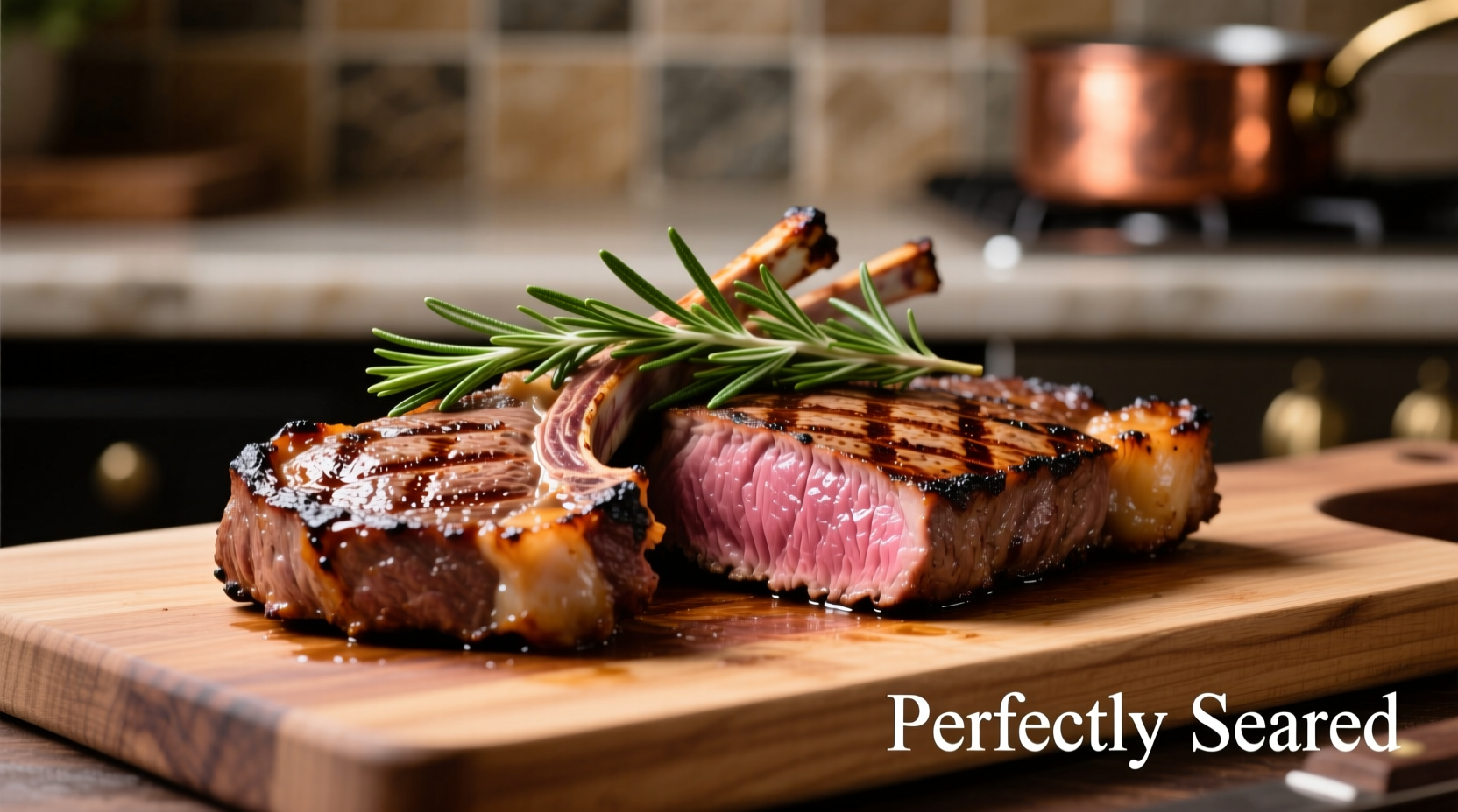 Perfectly seared lamb steaks with rosemary sprigs