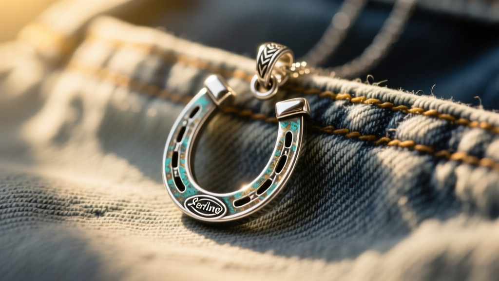 Sterling silver James Avery horseshoe pendant on faded denim, warm sunlight highlighting oxidized metal details.
