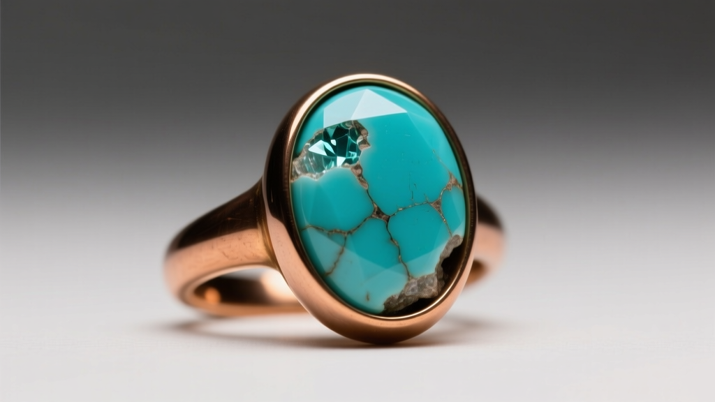 Macro shot of a brass bezel cup ring base holding a raw turquoise cabochon, illuminated by warm directional studio lighting.