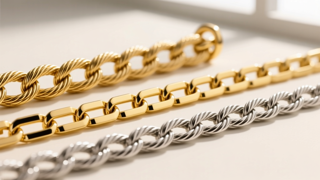 Macro shot of permanent jewelry chain links: a 14k gold filled cable chain, a solid gold figaro, and a sterling silver rope chain