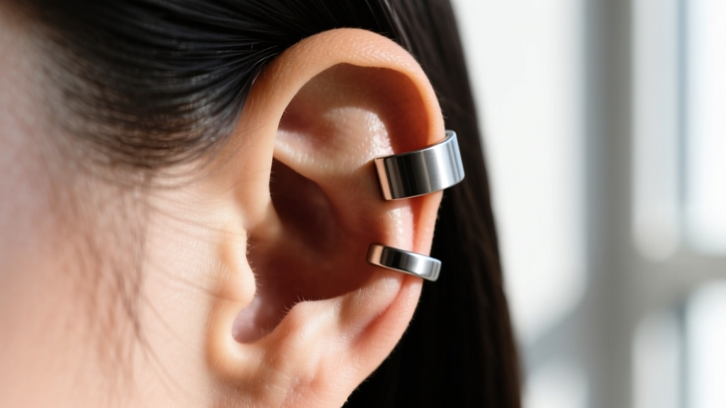 Close-up of 20-gauge titanium chihuahua ear cuff on helix cartilage, highlighting secure tension fit and matte finish against skin.