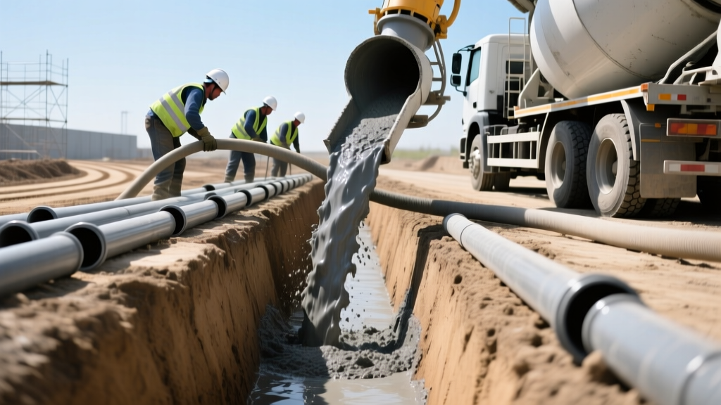 Construction workers pouring gray flowable fill slurry from a concrete pump truck into a deep utility trench beside PVC pipes