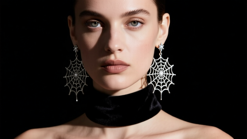 Model wearing intricate oxidized sterling silver spiderweb drop earrings against a dark velvet collar in moody, shadowed lighting