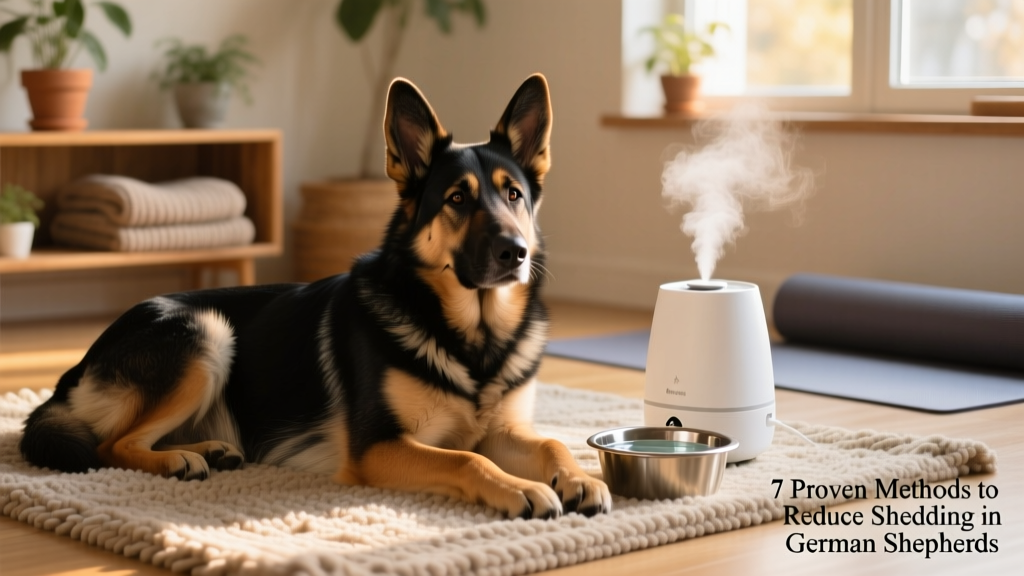 German Shepherd resting calmly on a rug beside a humidifier and water bowl