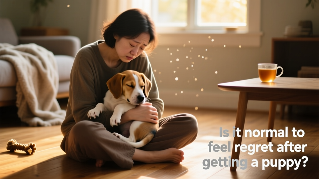 A tired but loving person sitting on the floor with a small, sleepy puppy resting in their lap