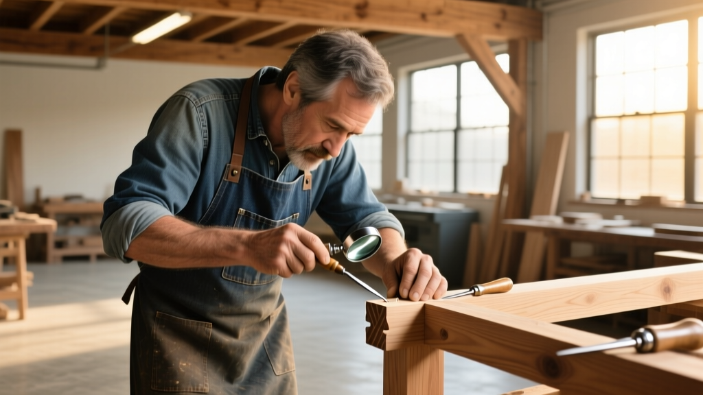 Carpenter using a jeweler's loupe to examine end grain pore structure of a rough-sawn white oak board on a sunlit workshop bench