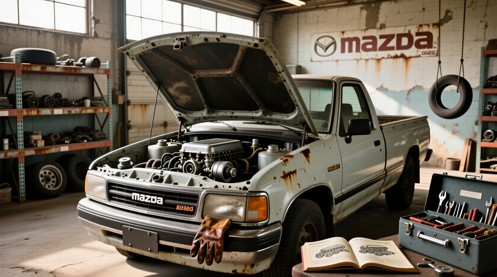 Close-up view of 2.2L F2 engine in a 1990 Mazda B2200 pickup truck