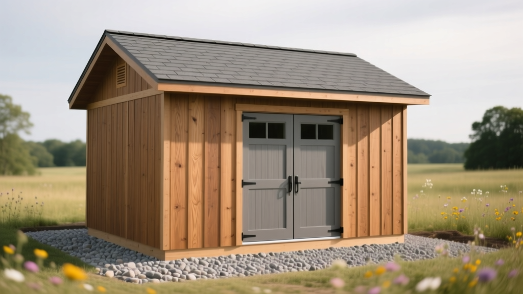 Newly built 10x12 wooden shed with LP SmartSide siding, architectural shingle roof, and double doors on a gravel pad
