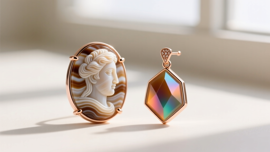 Macro comparison of a delicate sardonyx shell cameo and a laser-cut resin cameo earring, both set in polished 14k rose gold bezels