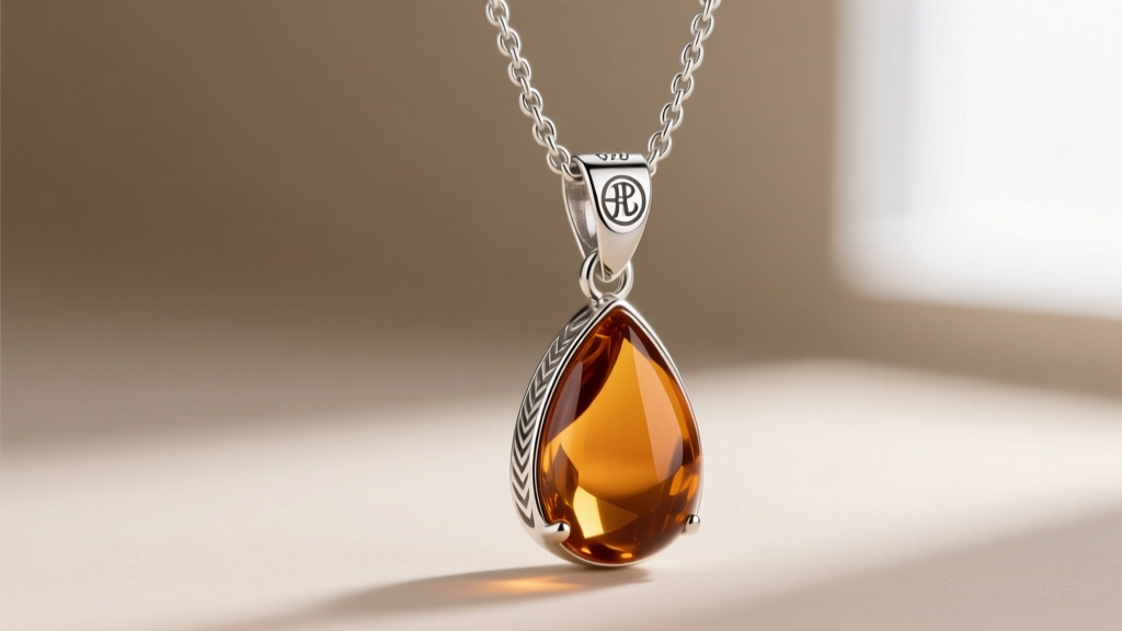 Macro shot of 925 sterling silver box chain clasp with laser hallmark, attached to a warm cognac amber teardrop pendant.