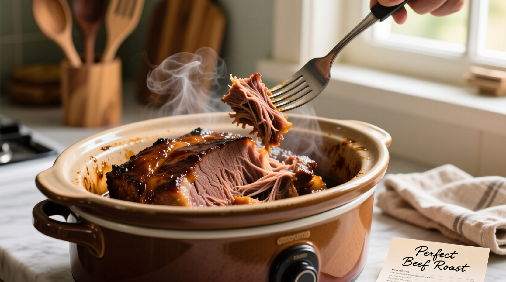 Perfectly cooked chuck roast pulled apart in slow cooker